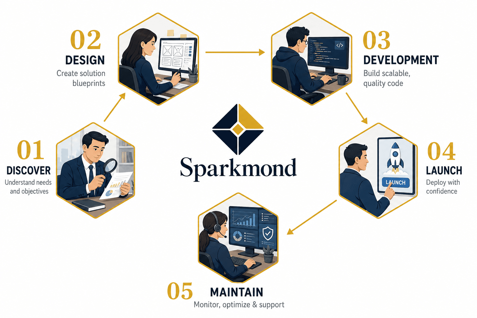 Our process: Discover, Design, Development, Launch, Maintain